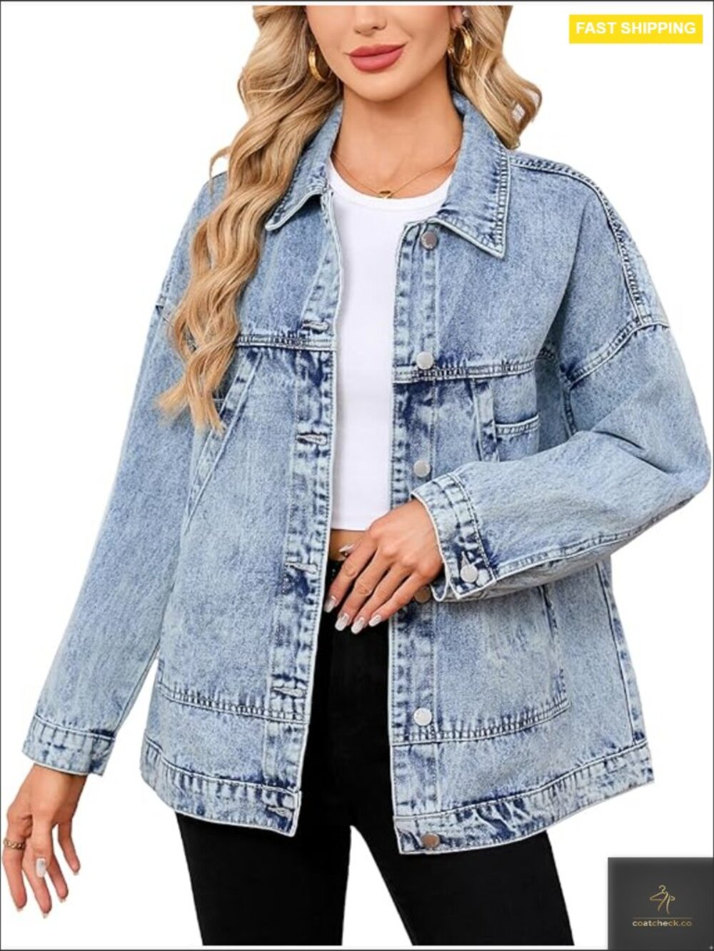 Oversized Denim Jacket Classic Boyfriend Style Long Sleeve Button Front Pockets